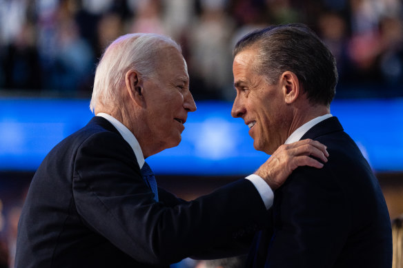 President Joe Biden embraces his son Hunter Biden at the Democratic National Convention in Chicago in August.