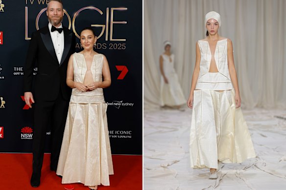 Zoë Foster Blake in Amy Lawrance with Hamish Blake on the Logies red carpet and an Amy Lawrance dress at Australian Fashion Week.