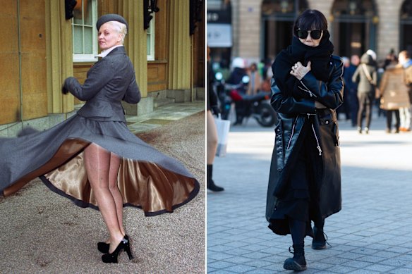Vivienne Westwood arriving to receive her CBE in 1992 and Rei Kawakubo in Paris in 2017.