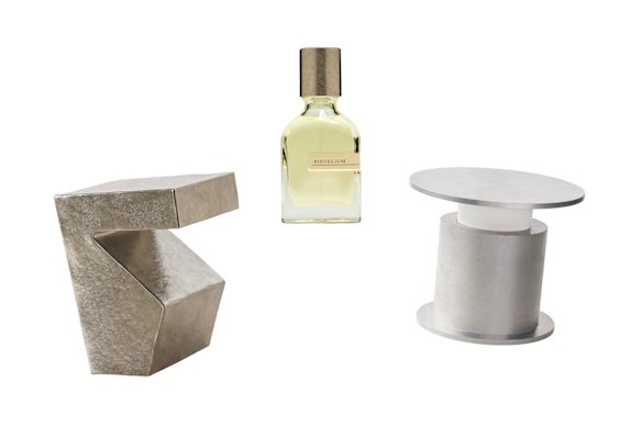 “Yuki” side table; “Risvelium” parfum; “Faro” portable lamp.  