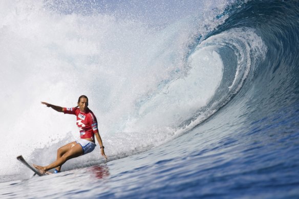 Layne Beachley surfing in Tahiti in 2006.
