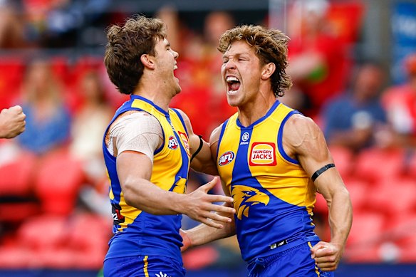  Milan Murdock celebrates a goal during the Eagles’ loss to Gold Coast on Sunday