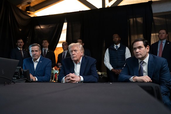 President Donald Trump monitors the US military operations in Venezuela, with CIA Director John Ratcliffe, left, and Secretary of State Marco Rubio at Mar-a-Lago in Palm Beach on Saturday morning.