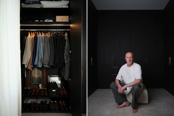 Suits in the walk-in wardrobe of a Melbourne townhouse owned by Michael (pictured right)