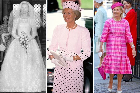  On her wedding day in a silk gown by John Cavanagh, at a wedding in 1988 and attending an event in 2016.