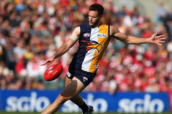 Mitch Brown at a 2013 AFL game in Perth, playing one of 94 senior games for the Eagles.