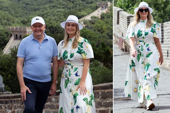 Jodie Haydon in a dress from Australian label Leo Lin and her fiance, Prime Minister Anthony Albanese on the Great Wall of China.
