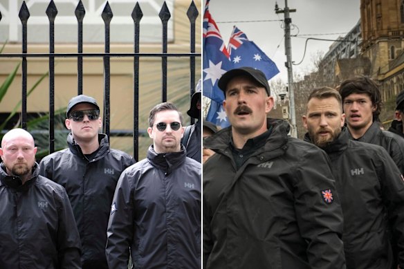 Members of the National Socialist Network at a rally outside NSW Parliament in November, left, and neo-Nazis at a March for Australia rally in Melbourne in August.