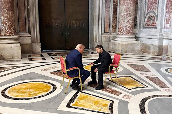 Ukrainian President Volodymyr Zelensky talks with US President Donald Trump in St Peter’s Basilica before Pope Francis’s funeral on April 26.