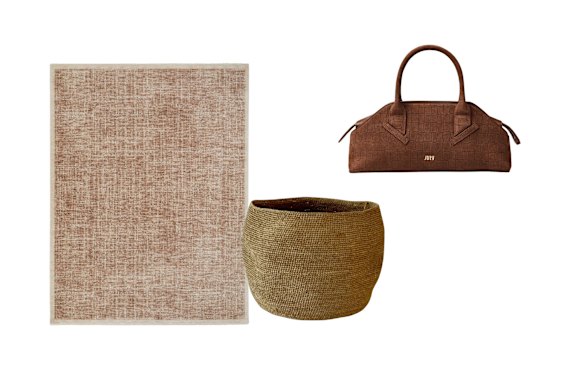 “Cardamon Meadow” rug; “Bolina” basket; “Juliette Mini Bowler” bag.  