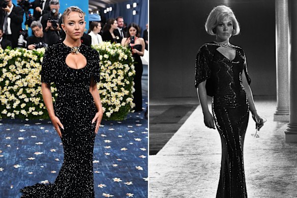 Sydney Sweeney at last year’s Met Gala in Miu Miu and Kim Novak in the dress that inspired her look. Novak says Sweeney is not the person to play her. 