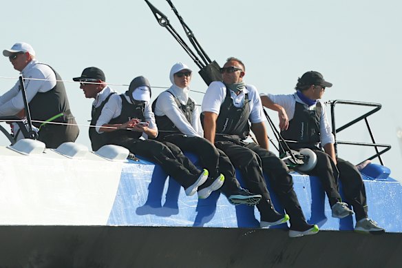 Five-time Olympic gold medallist Ian Thorpe on board LawConnect during the Cabbage Tree Island Race earlier this month.