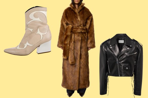 A vintage boot, faux fur coat and biker jacket are on Pip Edwards’ list.