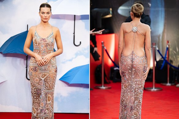 Margot Robbie in Armani Prive at the London premiere of “A Big Bold Beautiful Journey’ in September,