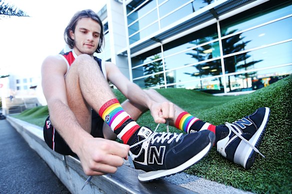 St Kilda player Hunter Clark launches the Pride Game in 2018. 