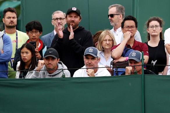 Team Hewitt, including Lleyton (bottom right), Jaymon Crabb (middle) and Matt Reid (black top), were pleased to see Cruz Hewitt win on his Wimbledon debut.