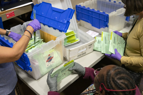 Ballot counting at the Maricopa County Ballot Tabulation Center in Phoenix for the presidential primary in March