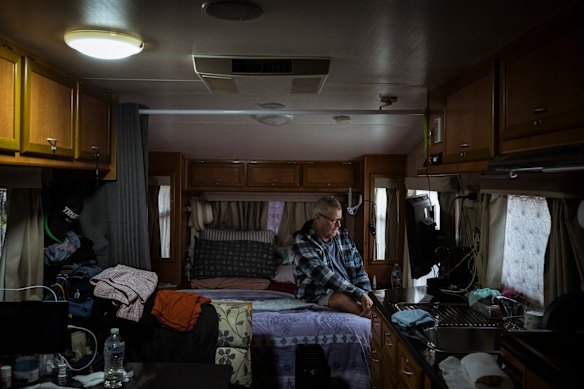Richard Szabatura in his caravan at the Five Ways Caravan Park. Permanent residents of Five Ways Caravan Park in Dingley have been given until August 25 to leave because its private owners want to develop the land for new housing. But these residents have yet to find a new home.