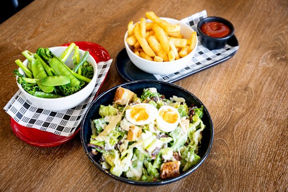 Steamed greens, chips and Caesar salad at Balmain Bowling Club.
