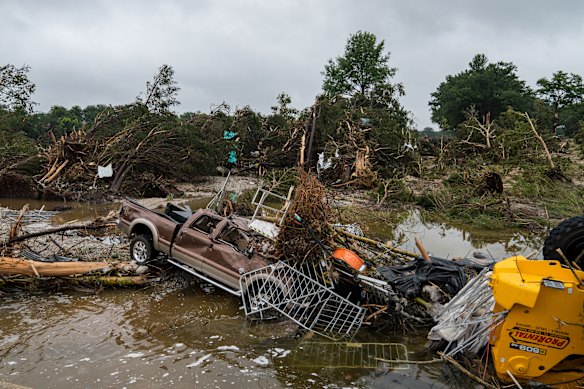 Debris left from the floodwaters that ravaged the banks of the Guadalupe River in Kerrville, Texas.