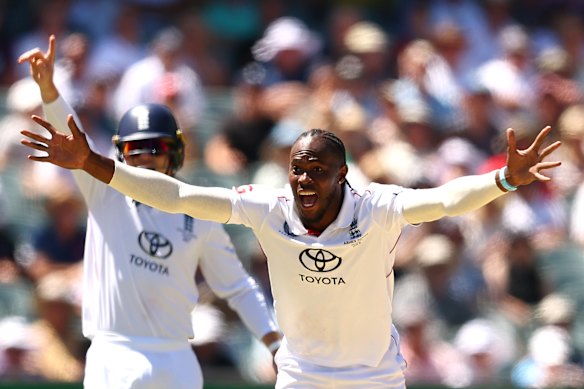 Jofra Archer appeals for a wicket during the Adelaide Test.