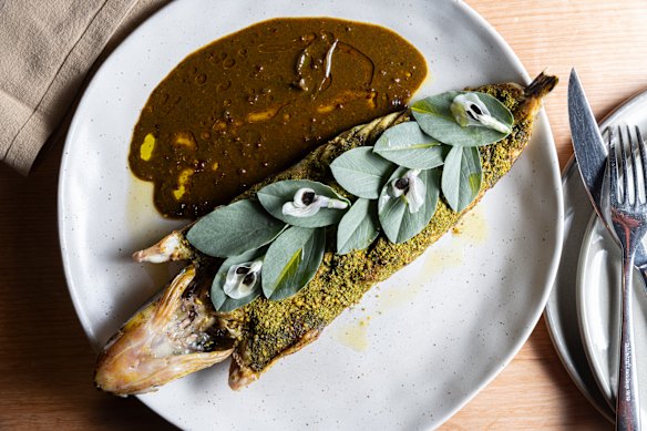 Curry leaf-crusted flathead with tamarind sauce.