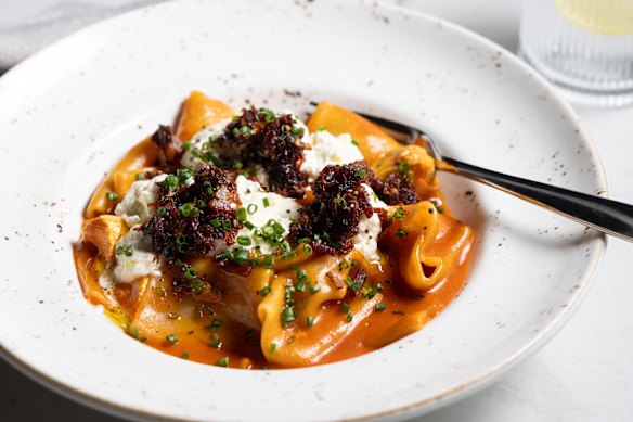 Chicken vodka rigatoni with gochujang and stracciatella.