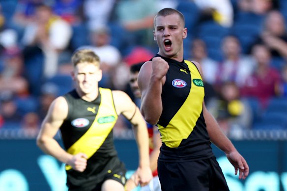 Young gun: Sam Lalor celebrates a goal at the MCG.