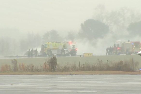A screengrab shows firefighting crews responding to the crash at Statesville, North Carolina.