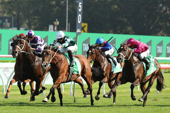 James McDonald rides Via Sistina to victory in the Verry Elleegant Stakes at Randwick on Saturday.