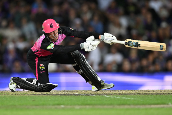 Jordan Silk of the Sixers bats during the BBL Qualifier match between the Hobart Hurricanes and Sydney Sixers at Ninja Stadium on January 21, 2025 in Hobart, Australia.