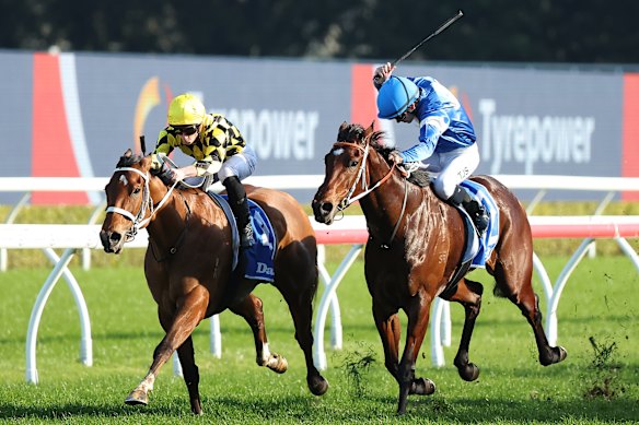 James McDonald rides Autumn Glow (left) to victory in the recent Toy Show Quality at Randwick, but the jockey will hand the reins to Kerrin McEvoy on Saturday.