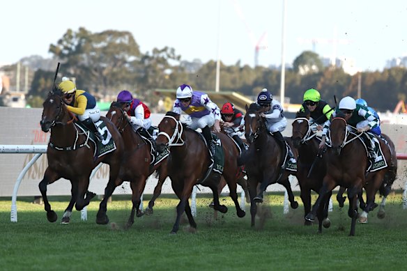 Under Focus, far right, comes down the outside to finish third in the Run To The Rose.