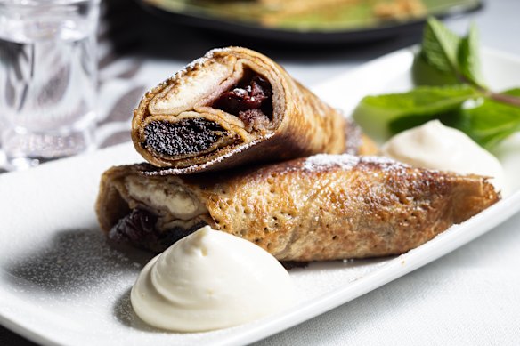 Triple crepes stuffed with poppyseed, cottage cheese and sour cherries.