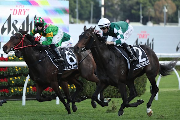 Alysha Collett is pipped for a first group 1 win on Sun’N’Sand (left) by the fast-finishing Treasurethe Moment at Randwick in April.
