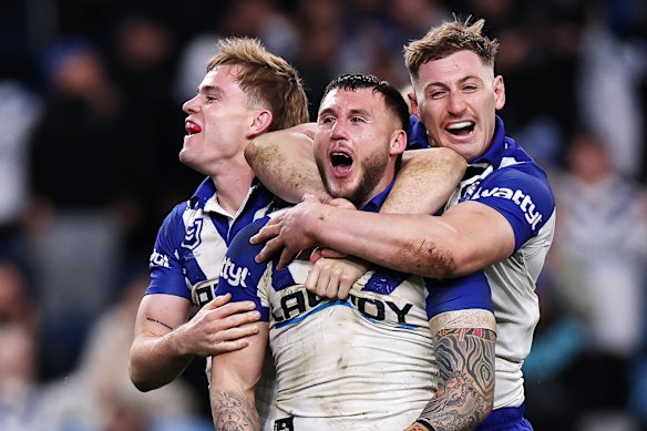  Canterbury’s Bronson Xerri celebrates a try last weekend.