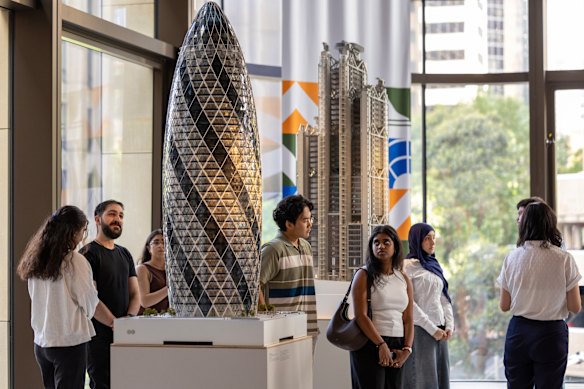 100 scale model of the Gherkin, aka 30 St Mary Axe in London, at a new exhibition.