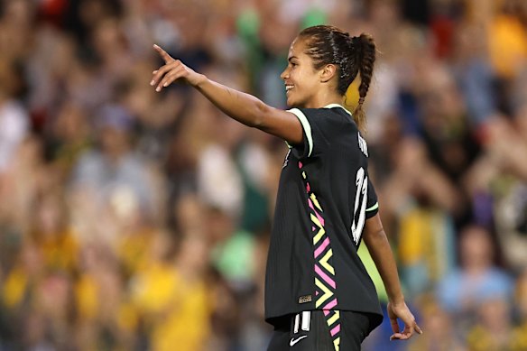 Mary Fowler celebrates scoring a goal during a match between the Matildas and Korea Republic in Newcastle in April. 