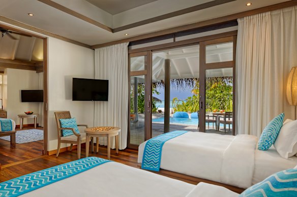 A family pool villa twin room at Anantara Dhigu.