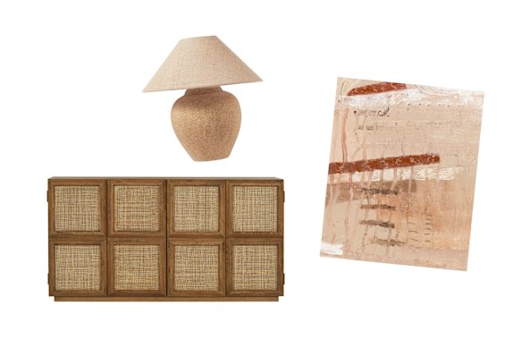 “Nevada” sideboard; “Boyd” table lamp; Tessera Abstract IV art print.  