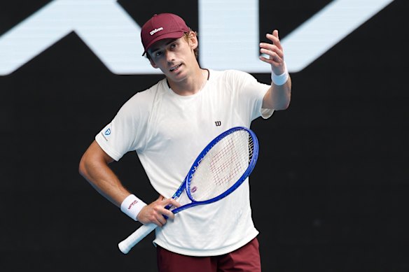 Alex de Minaur expresses frustration during his first round match at this year’s Australian Open. 