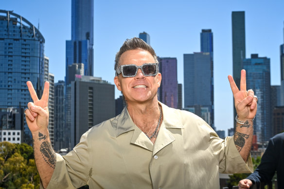 Robbie Williams in Melbourne in January. The singer was awarded a key to the city and staged a free concert to promote his biopic.
