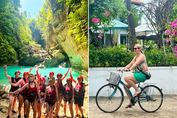 Evie Farrell, front left, on a women’s trip to the Philippines, and right, Kellie Floyd on a solo trip to Vietnam last year.
