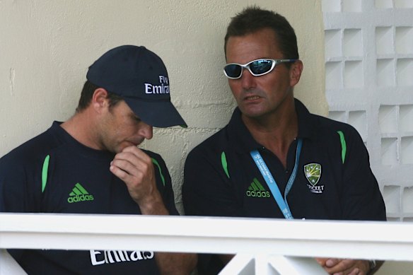 Brad Hodge chats with selection chairman Andrew Hilditch during the 2007 World Cup in the West Indies.