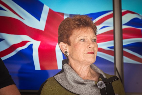 Pauline Hanson addressed the crowd at the Put Australia First rally in Melbourne last Sunday.