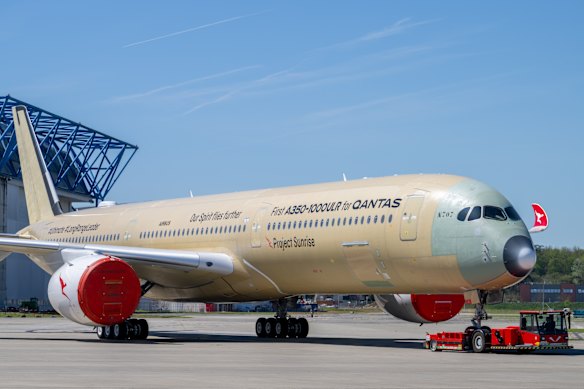 Qantas’ new A350-1000ULR at the Airbus factory in Toulouse, France.