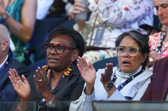 Australian athletics great Cathy Freeman watches Alex de Minaur at Rod Laver Arena in Melbourne on Evonne Goolagong Cawley Day last week.