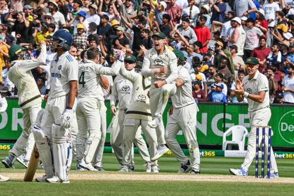 Yashasvi Jaiswal is dismissed by Australia after a contentious DRS decision in the 2024 Boxing Day Test against India.