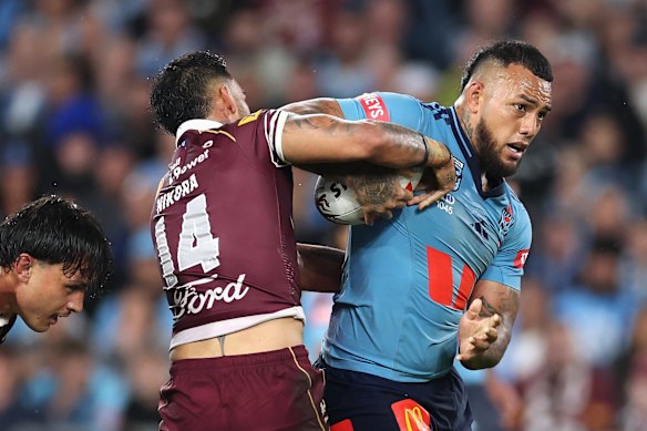 Addin Fonua-Blake takes the ball up for the Blues in game one at Accor Stadium.