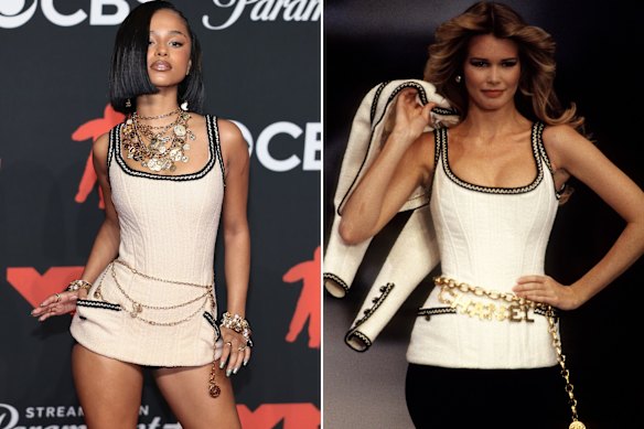 Tyla in Chanel at the 2025 VMAs and Claudia Schiffer modelling the outift for Chanel at paris Fashion Week, spring 1993.